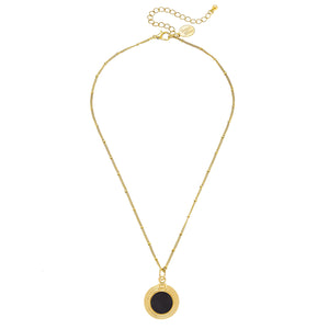 Handcast Gold Round w/ Black Onyx Pendent on Gold Dainty Chain Necklace- 3186BK