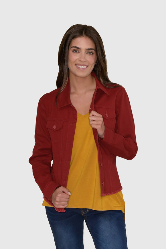 FRAYED DENIM JACKET W/ DTM BUTTONS- Red