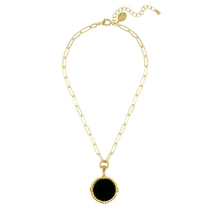 Handcast Gold Round W/ Black Onyx on Gold Paperclip Chain- Black- 3749BK