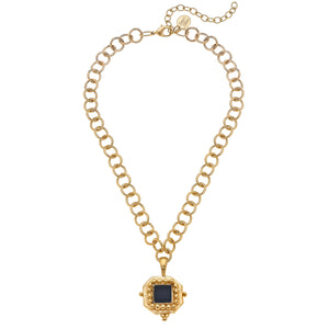 Handcast Gold Square with Black French Glass Necklace- 3081J