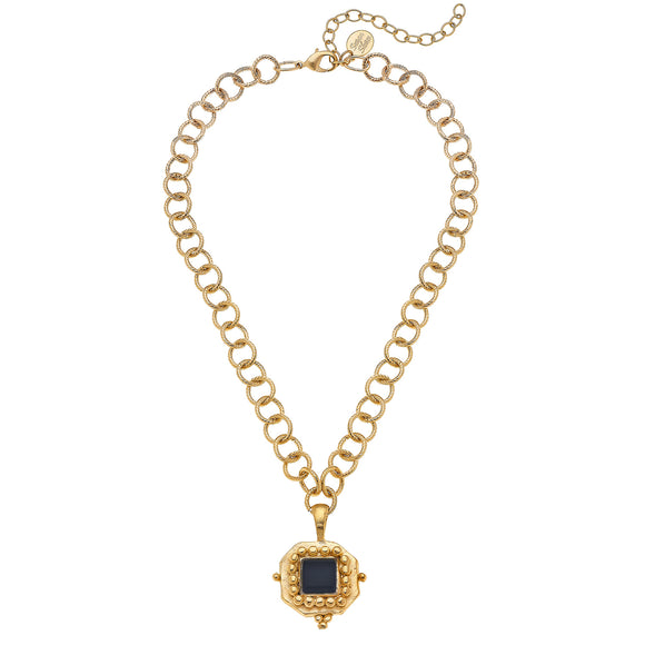 Handcast Gold Square with Black French Glass Necklace- 3081J