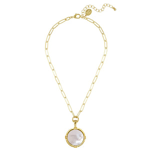 Handcast Gold Round W/ Mother of Pearl on Gold Paperclip Chain