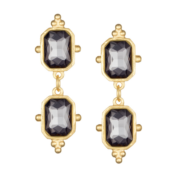 Handcast Gold Double Slate Grey Rectangle Crystal Drop Earrings- 1898S