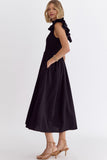 Black Solid Smocked Midi Dress