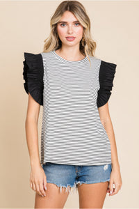 Black Stripe Top w/ Frill Shoulder