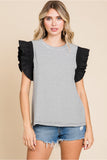 Black Stripe Top w/ Frill Shoulder