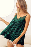 Green Lace Detail Pleated Velvet Top