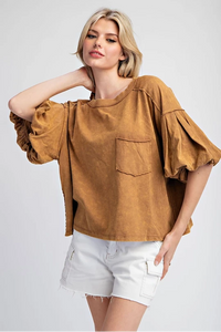 MINERAL WASHED PUFF SLEEVE TOP -Brown