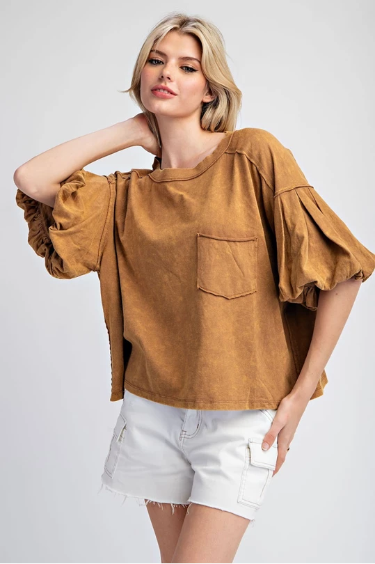 MINERAL WASHED PUFF SLEEVE TOP -Brown