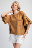 MINERAL WASHED PUFF SLEEVE TOP -Brown