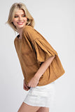 MINERAL WASHED PUFF SLEEVE TOP -Brown