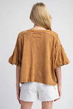 MINERAL WASHED PUFF SLEEVE TOP -Brown