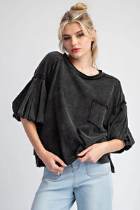 MINERAL WASHED PUFF SLEEVE TOP -Ash Black