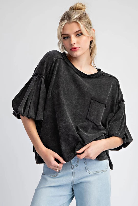 MINERAL WASHED PUFF SLEEVE TOP -Ash Black