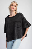 MINERAL WASHED PUFF SLEEVE TOP -Ash Black