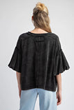 MINERAL WASHED PUFF SLEEVE TOP -Ash Black