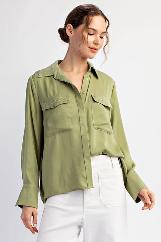 STUDDED LONG SLEEVE BUTTON DOWN TOP -Avocado