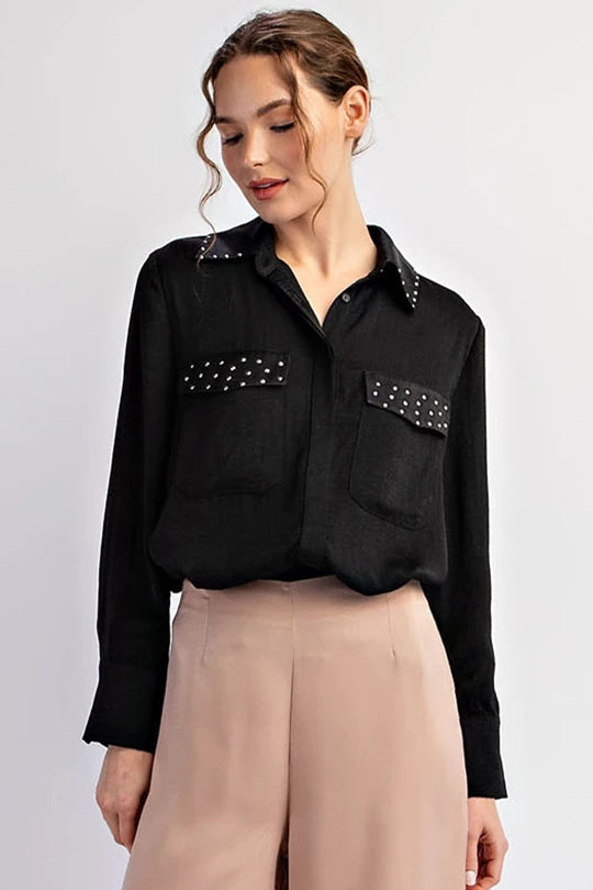 STUDDED LONG SLEEVE BUTTON DOWN TOP -Black