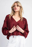 LONG SLEEVE RUFFLE BLOUSE TOP -Maroon