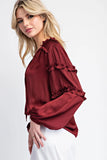 LONG SLEEVE RUFFLE BLOUSE TOP -Maroon