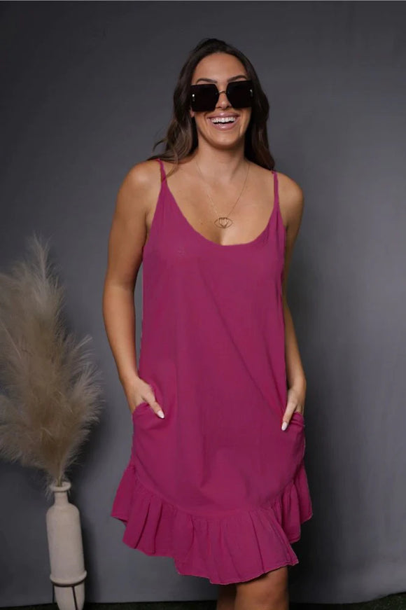 Spaghetti Strap Ruffle Hem Dress- Fuchsia