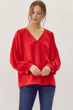 Red Satin V-Neck Top