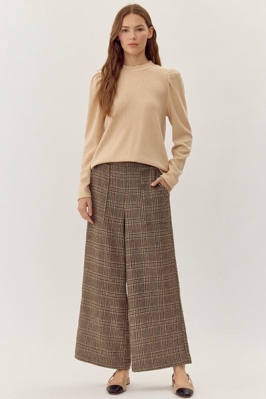 Taupe/Brown Plaid Flare Pants