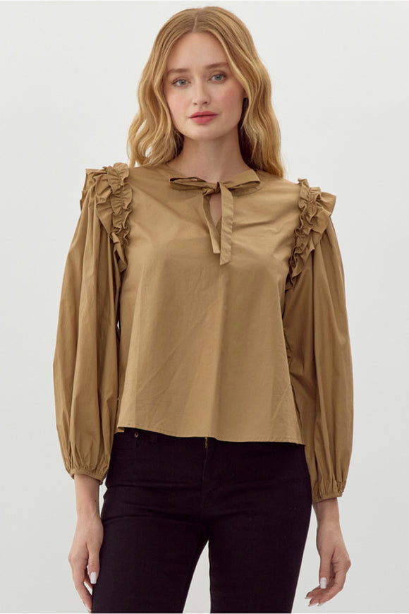 Camel Top w/ Ribbon-Tie Neck