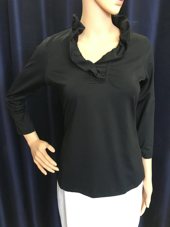 Lulu-B Ruffle Neck 3/4 Sleeve Top- Black