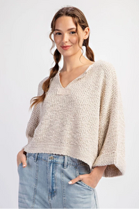 Oatmeal Textured V-Neck Sweater