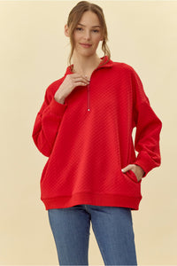 Red Textured Half Zip Pullover