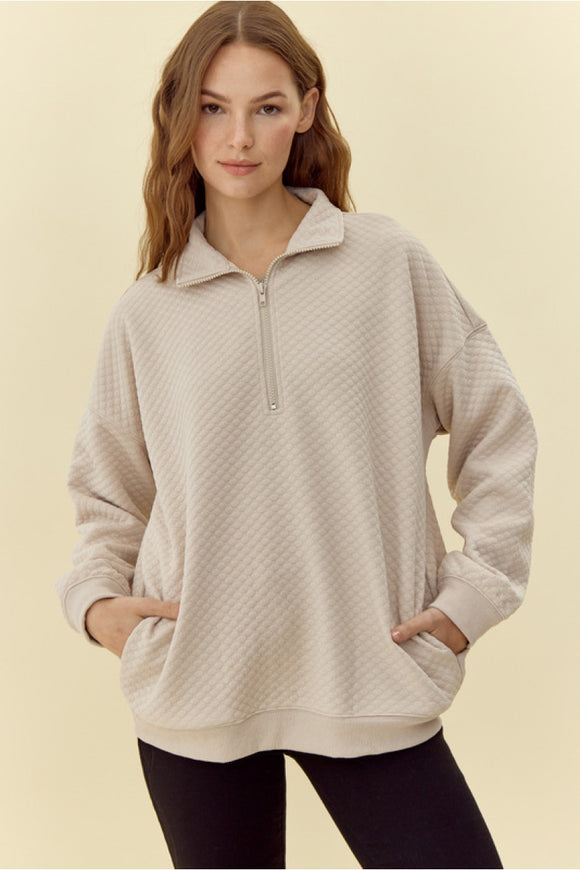 Beige Textured Half Zip Pullover