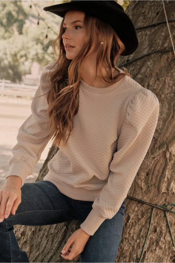 Beige Embossing Textured Puff Sleeve Top