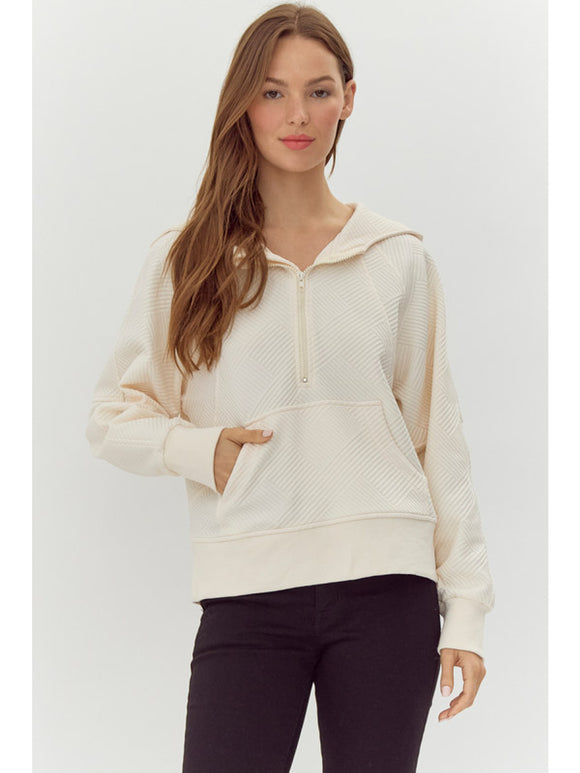 Beige Textured Half Zipped Hoodie