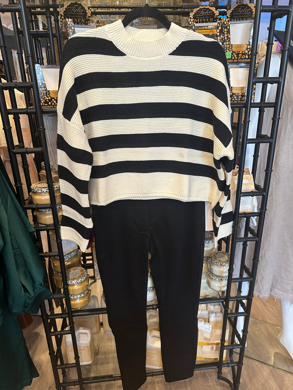 Stripe Crop Crew Sweater- Black