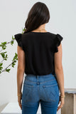 Vertical Split Ruffle Sleeve Top-Black