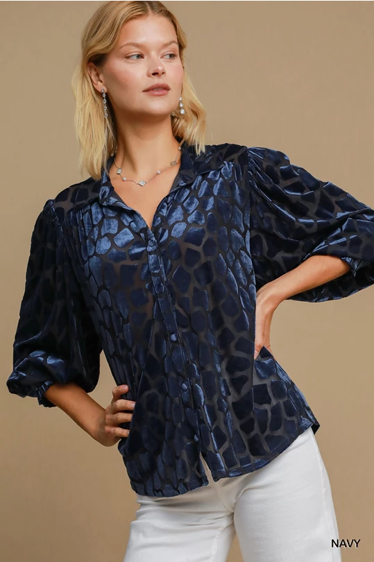 Umgee Velvet Button Down Top- Navy