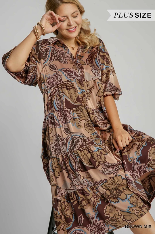 Umgee Plus Paisley Print Midi Dress- Brown