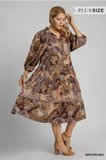 Umgee Plus Paisley Print Midi Dress- Brown