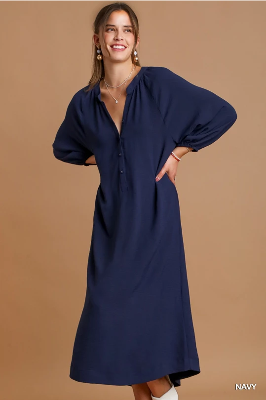 Umgee V-Notched Half Button & Pin-Tuck Detail Midi Dress- Navy