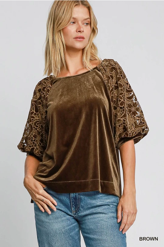 Umgee Velvet Top with Floral Lace- Brown