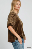 Umgee Velvet Top with Floral Lace- Brown