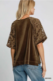 Umgee Velvet Top with Floral Lace- Brown