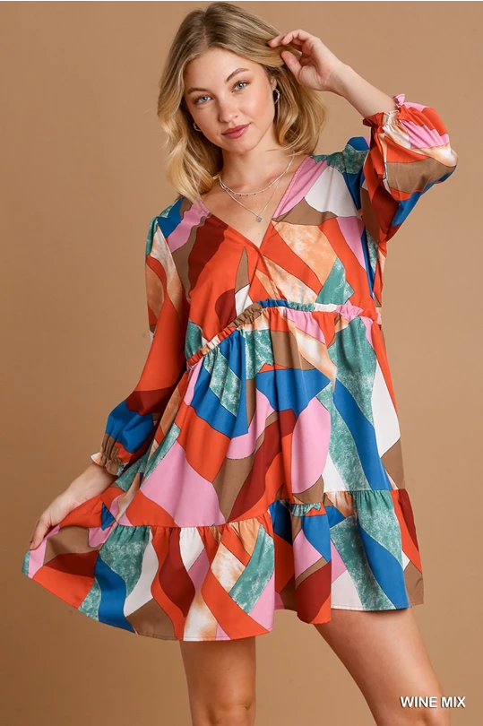 Umgee Abstract V-Neck Tiered Printed Dress- Wine Mix