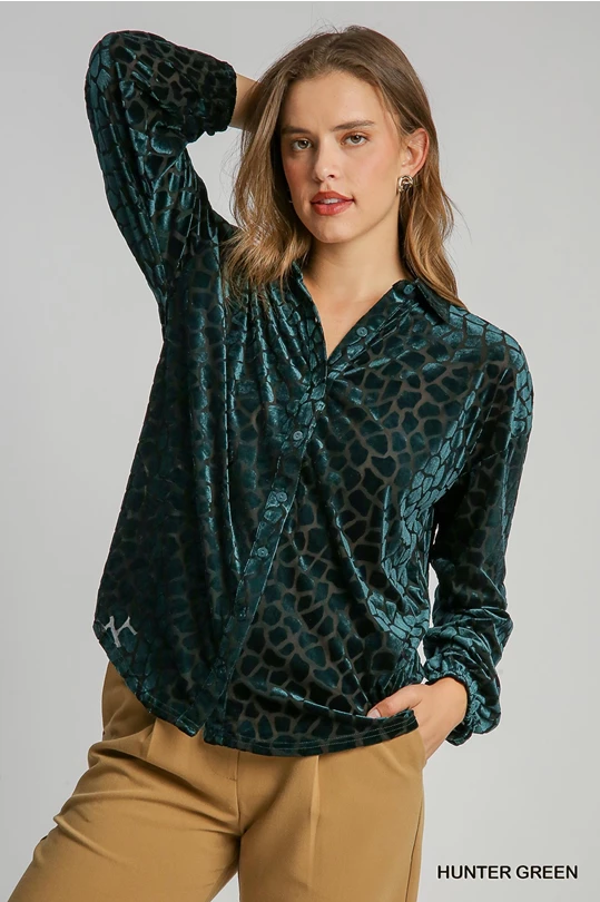 Umgee Burnout Animal Velvet Top- Hunter Green