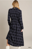 Umgee Regular Washed Solid Dotted Jacquard Collared V-Neck Maxi Dress with Elastic & Fray Details- Navy