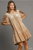 Umgee Velvet Embroidered Sleeve Dress- Taupe