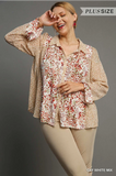 Umgee Sheer Mixed Print Metallic Detail Collared Long Ruffle Sleeve Button Down Top with String Tie