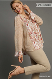 Umgee Sheer Mixed Print Metallic Detail Collared Long Ruffle Sleeve Button Down Top with String Tie