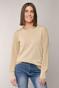 PLEATED SLEEVE LUREX CREW NECK SWEATER- Gold